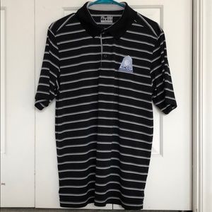 UA black with grey/white stripe polo- ACC